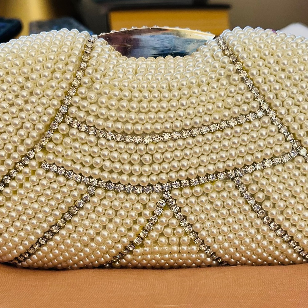Elegant Pearl and Rhinestone Clutch with detachable shoulder straps/ brand new